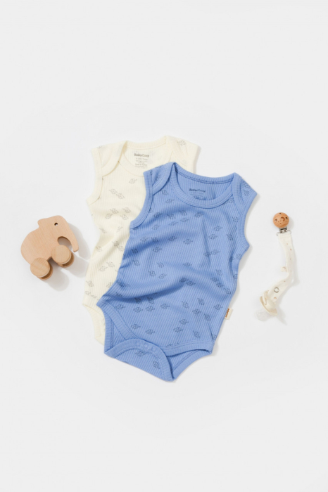 Set 2 body-uri fara maneci Printed, BabyCosy, 50% modal+50% bumbac, Ecru/Lavanda [3]
