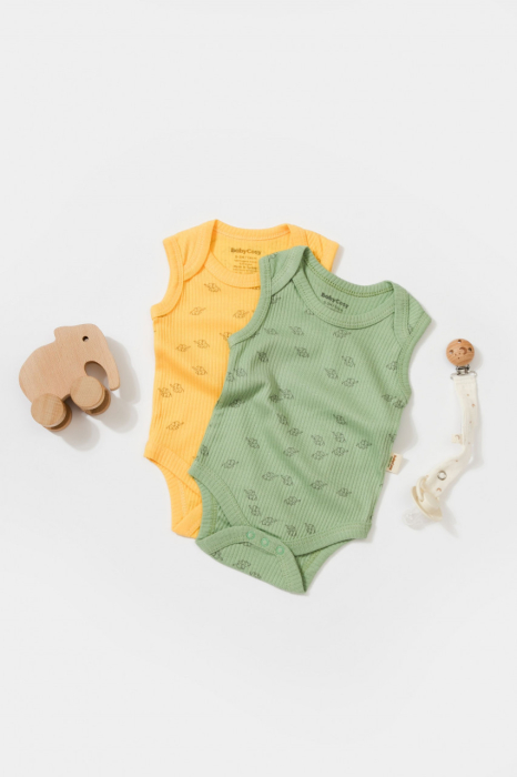 Set 2 body-uri fara maneci Printed, BabyCosy, 50% modal+50% bumbac, Lamaie/Verde [2]