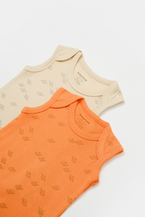 Set 2 body-uri fara maneci Printed, BabyCosy, 50% modal+50% bumbac, Stone/Apricot [4]