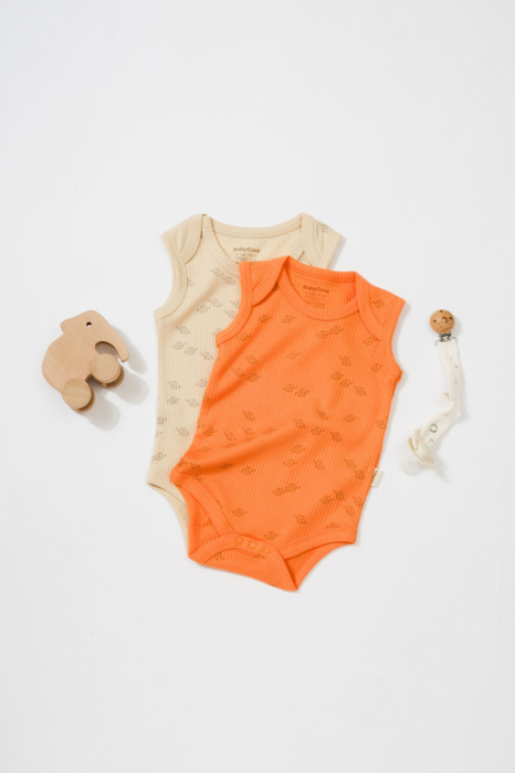 Set 2 body-uri fara maneci Printed, BabyCosy, 50% modal+50% bumbac, Stone/Apricot [2]