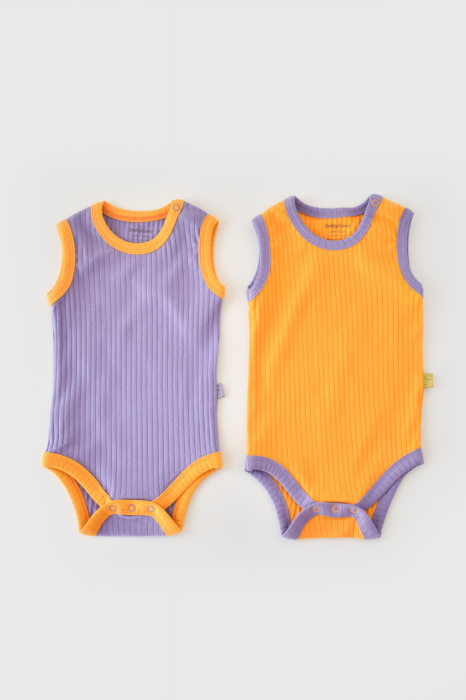 Set 2 body-uri fara maneci Ribana Bebe Unisex din bumbac organic si 5%elastan - Galben/Mov BabyCosy [4]