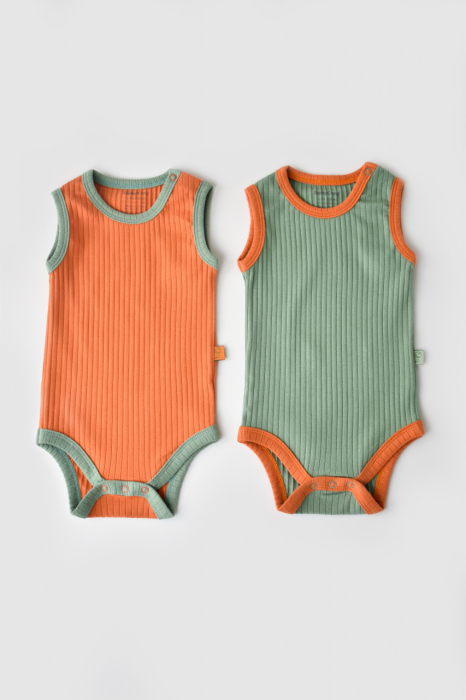 Set 2 body-uri fara maneci Ribana Bebe Unisex din bumbac organic si 5%elastan - Portocaliu/Verde BabyCosy [3]