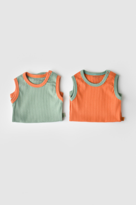 Set 2 body-uri fara maneci Ribana Bebe Unisex din bumbac organic si 5%elastan - Portocaliu/Verde BabyCosy [6]