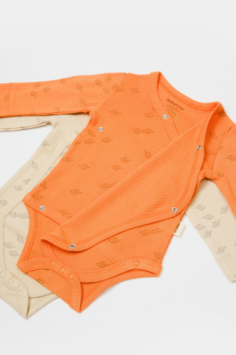 Set 2 body-uri petrecute Printed, BabyCosy, 50% modal+50% bumbac, Stone/Apricot [5]