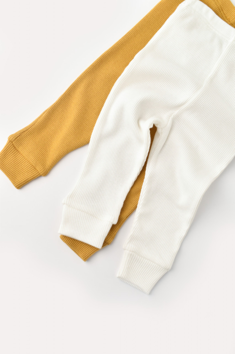 Set 2 pantaloni bebe unisex din bumbac organic si modal - Mustar/Ecru, BabyCosy [2]