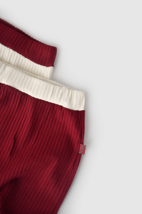 Set 2 pantaloni Ribana Bebe Unisex din bumbac organic si 5%elastan - Ecru/Bordo, BabyCosy [2]