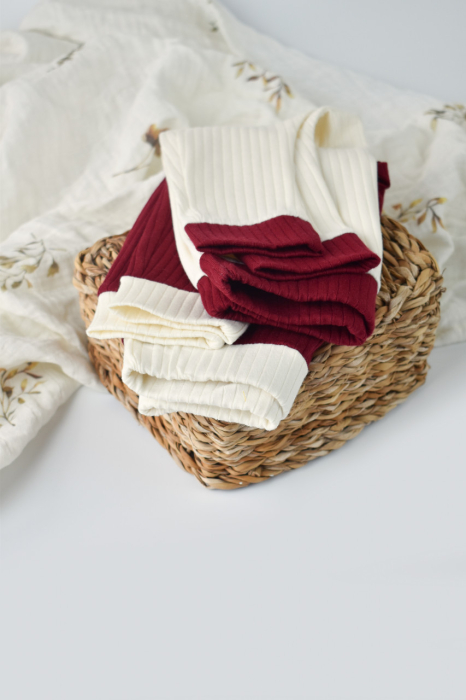 Set 2 pantaloni Ribana Bebe Unisex din bumbac organic si 5%elastan - Ecru/Bordo, BabyCosy [8]