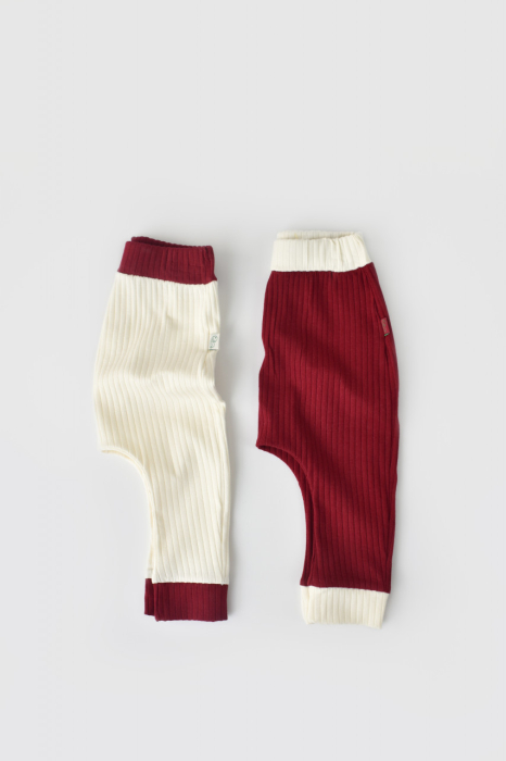 Set 2 pantaloni Ribana Bebe Unisex din bumbac organic si 5%elastan - Ecru/Bordo, BabyCosy [3]