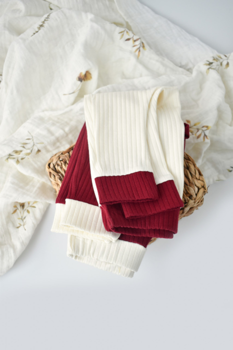 Set 2 pantaloni Ribana Bebe Unisex din bumbac organic si 5%elastan - Ecru/Bordo, BabyCosy [7]