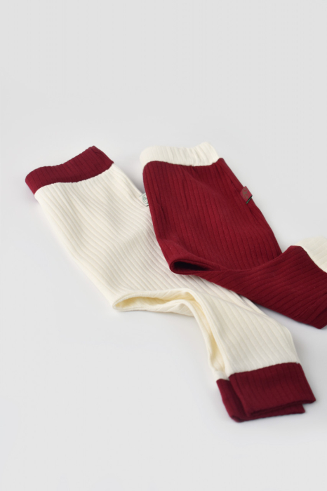 Set 2 pantaloni Ribana Bebe Unisex din bumbac organic si 5%elastan - Ecru/Bordo, BabyCosy [4]