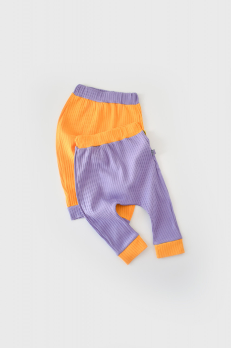 Set 2 pantaloni Ribana Bebe Unisex din bumbac organic si 5%elastan - Galben/Mov BabyCosy [2]