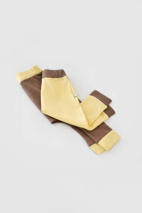 Set 2 pantaloni Ribana Bebe Unisex din bumbac organic si 5%elastan - Vanilie/Maro BabyCosy [7]