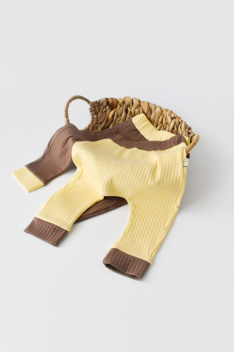 Set 2 pantaloni Ribana Bebe Unisex din bumbac organic si 5%elastan - Vanilie/Maro BabyCosy [5]