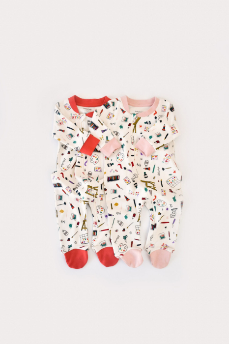 Set 2 salopetele cu maneca lunga si pantaloni cu botosei si fermoar - 100%bumbac organic - Portocaliu si Pudra, BabyCosy [2]