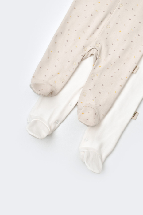 Set 2 salopetele cu maneca lunga si pantaloni lungi cu botosei - 100%bumbac organic - Crem cu buline, BabyCosy [3]