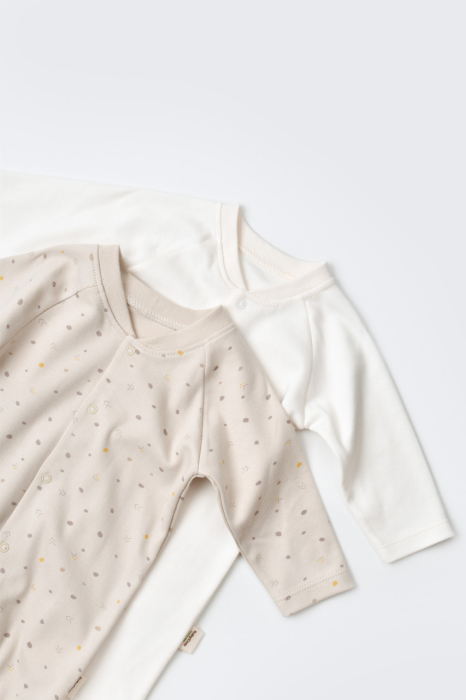 Set 2 salopetele cu maneca lunga si pantaloni lungi cu botosei - 100%bumbac organic - Crem cu buline, BabyCosy [2]