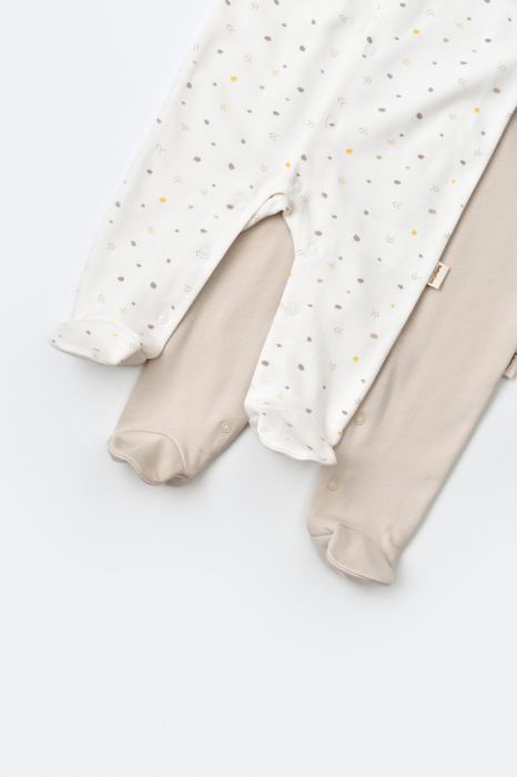 Set 2 salopetele cu maneca lunga si pantaloni lungi cu botosei - 100%bumbac organic - Ecru cu buline, BabyCosy [4]