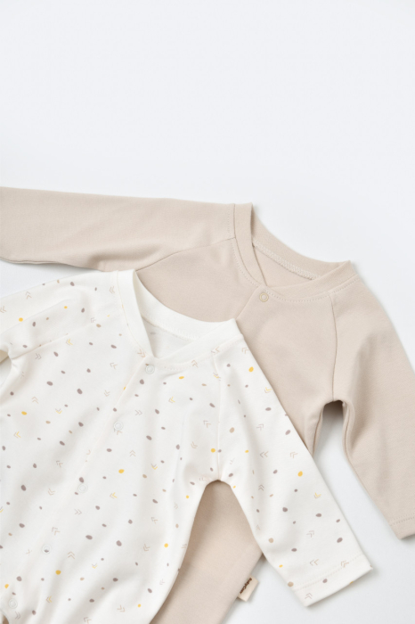 Set 2 salopetele cu maneca lunga si pantaloni lungi cu botosei - 100%bumbac organic - Ecru cu buline, BabyCosy [2]