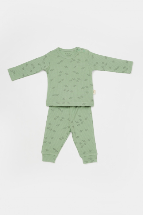 Set 3 piese:bluza, pantaloni si caciulita Printed, BabyCosy, 50% modal+50% bumbac, Verde [2]