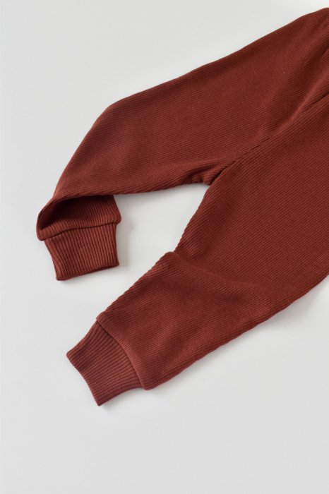 Set 3 piese: bluzita cu maneca lunga, pantaloni lungi si caciulita din bumbac organic si modal - Caramiziu BabyCosy [6]