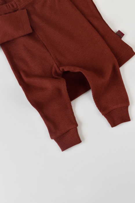 Set 3 piese: bluzita cu maneca lunga, pantaloni lungi si caciulita din bumbac organic si modal - Caramiziu BabyCosy [2]