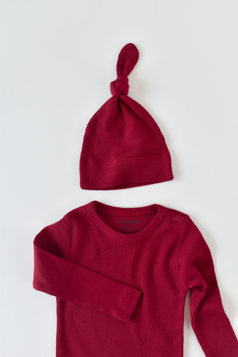 Set 3 piese: bluzita cu maneca lunga, pantaloni lungi si caciulita din bumbac organic si modal - Rosu BabyCosy [5]