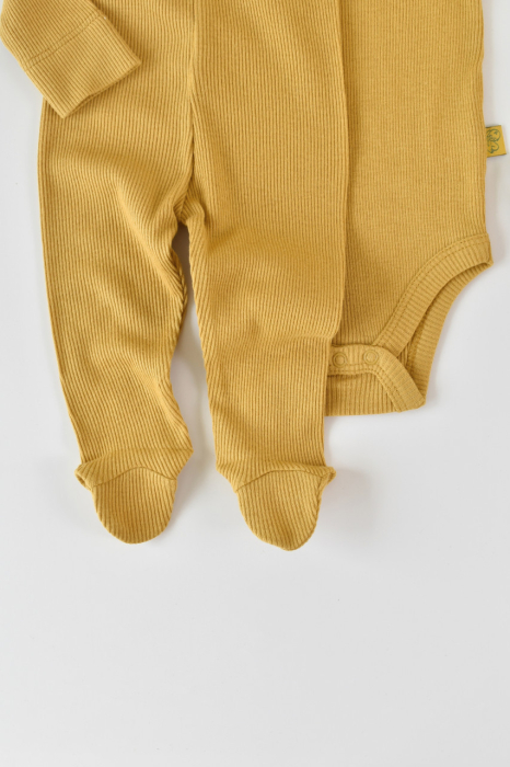 Set 3 piese: body cu maneca lunga, pantaloni lungi cu botosei si caciulita din bumbac organic si modal - Sofran, BabyCosy [2]