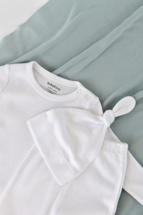 Set 3 piese: body cu maneca lunga, pantaloni lungi si caciulita din bumbac organic si modal - Alb, BabyCosy [3]