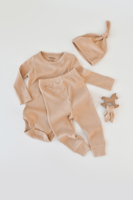 Set 3 piese: body cu maneca lunga, pantaloni lungi si caciulita din bumbac organic si modal - Somon, BabyCosy [2]