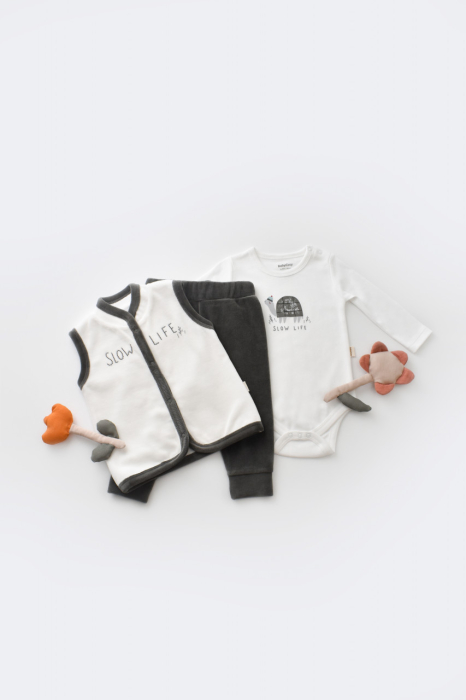 Set 3 piese Broscuta cu body, pantalonasi si vestuta din 80%bumbac organic si 20% poliester - Antracit, BabyCosy [2]