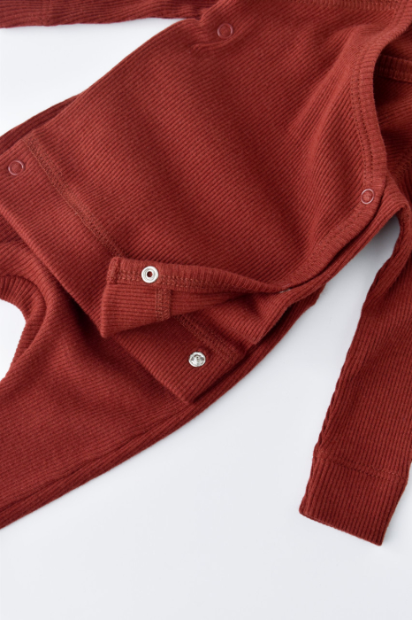 Set 4 piese: bluza, pantaloni, caciulita si manusi din bumbac organic si modal - Caramiziu, BabyCosy [4]