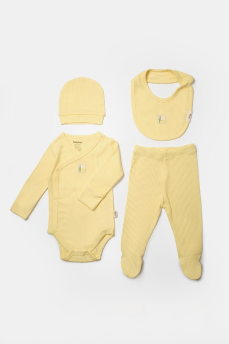 Set 4 piese:body, pantaloni, baveta si caciulita Bamboo, galben, BabyCosy, 50% bumbac+50%bambus [3]