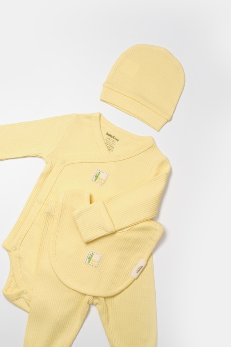 Set 4 piese:body, pantaloni, baveta si caciulita Bamboo, galben, BabyCosy, 50% bumbac+50%bambus [7]