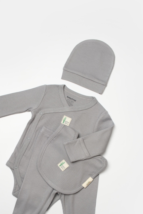 Set 4 piese:body, pantaloni, baveta si caciulita Bamboo, gri, BabyCosy, 50% bumbac+50%bambus [7]