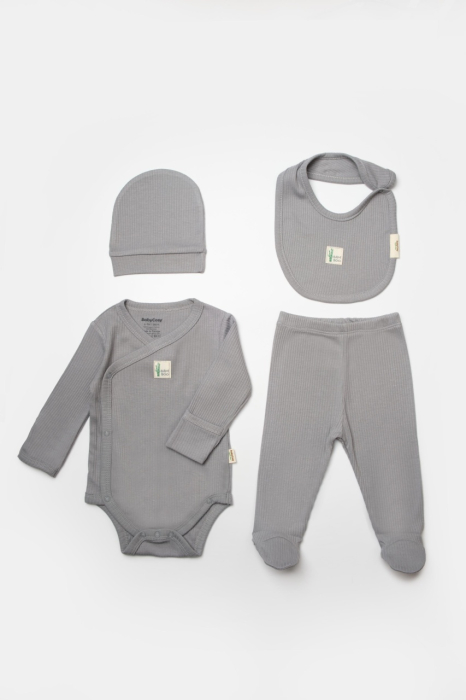Set 4 piese:body, pantaloni, baveta si caciulita Bamboo, gri, BabyCosy, 50% bumbac+50%bambus [2]