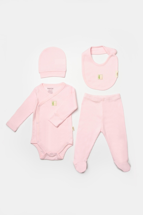 Set 4 piese:body, pantaloni, baveta si caciulita Bamboo, roz, BabyCosy, 50% bumbac+50%bambus [2]