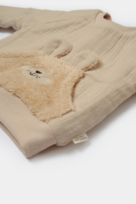 Set bluza cu buzunar si pantaloni Ursulet, Winter muselin, 100% bumbac dublat - Apricot, BabyCosy [5]