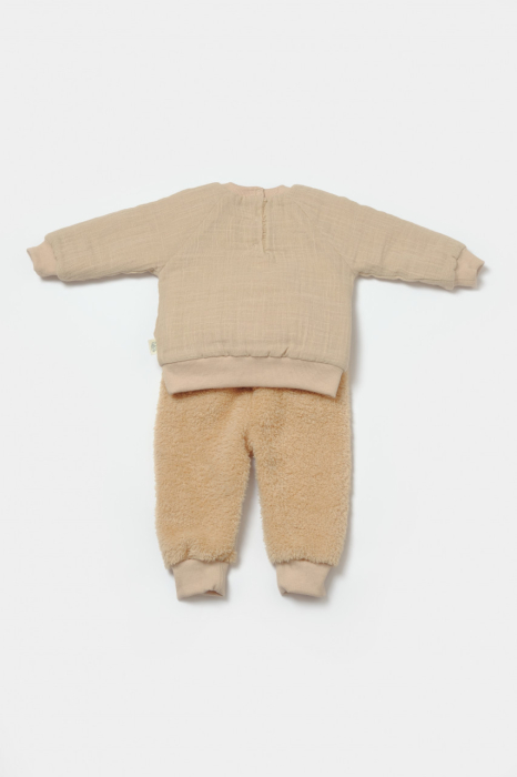 Set bluza cu buzunar si pantaloni Ursulet, Winter muselin, 100% bumbac dublat - Apricot, BabyCosy [3]