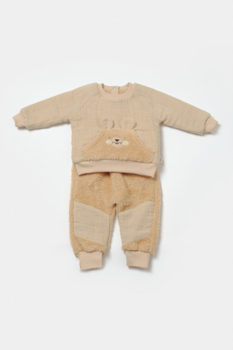Set bluza cu buzunar si pantaloni Ursulet, Winter muselin, 100% bumbac dublat - Apricot, BabyCosy [2]