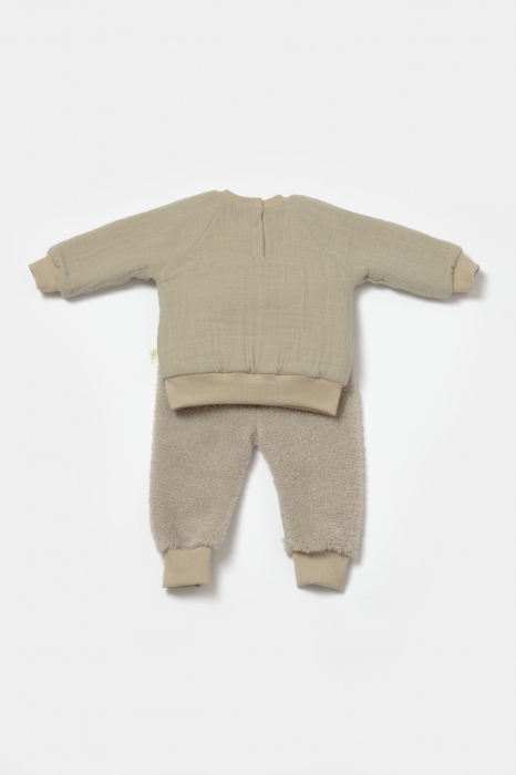 Set bluza cu buzunar si pantaloni Ursulet, Winter muselin, 100% bumbac dublat - Verde, BabyCosy [3]