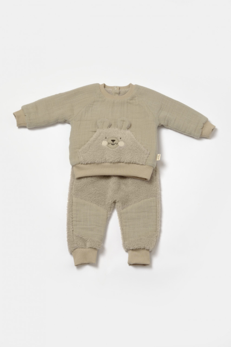 Set bluza cu buzunar si pantaloni Ursulet, Winter muselin, 100% bumbac dublat - Verde, BabyCosy [2]