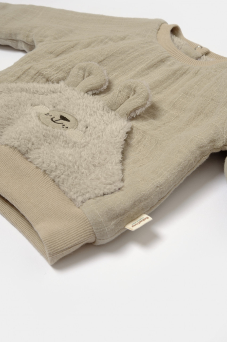 Set bluza cu buzunar si pantaloni Ursulet, Winter muselin, 100% bumbac dublat - Verde, BabyCosy [6]