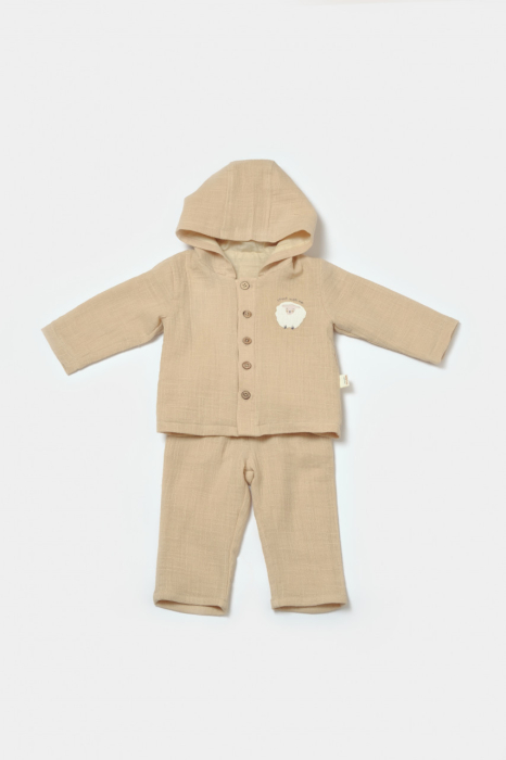 Set bluza cu gluga si pantaloni, Winter muselin, 100% bumbac - Apricot, BabyCosy [2]