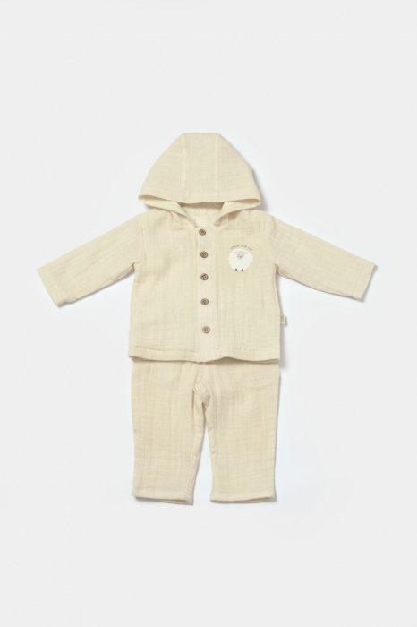 Set bluza cu gluga si pantaloni, Winter muselin, 100% bumbac - Stone, BabyCosy [2]