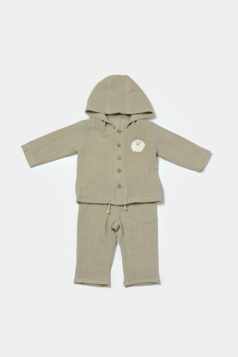 Set bluza cu gluga si pantaloni, Winter muselin, 100% bumbac - Verde, BabyCosy [2]