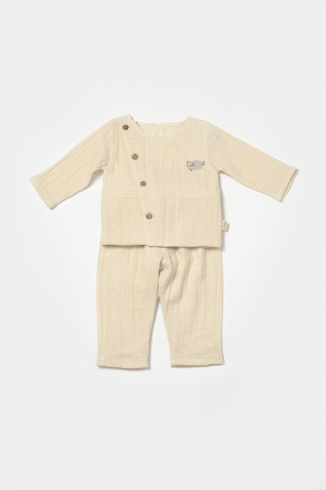 Set bluza cu nasturi si pantaloni , Winter muselin, 100% bumbac - Stone, BabyCosy [2]
