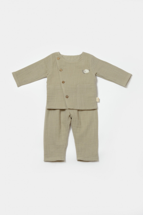 Set bluza cu nasturi si pantaloni , Winter muselin, 100% bumbac - Verde, BabyCosy [2]
