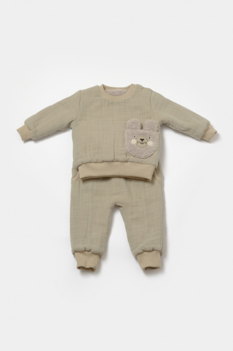 Set bluza dublata si pantaloni Ursulet, Winter muselin - Verde, BabyCosy [2]