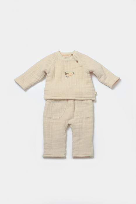 Set bluza dublata si pantaloni, Winter muselin - Stone, BabyCosy [2]