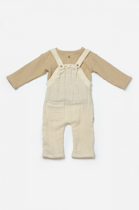 Set bluza si salopeta, Winter muselin, 100% bumbac - Stone, BabyCosy [4]